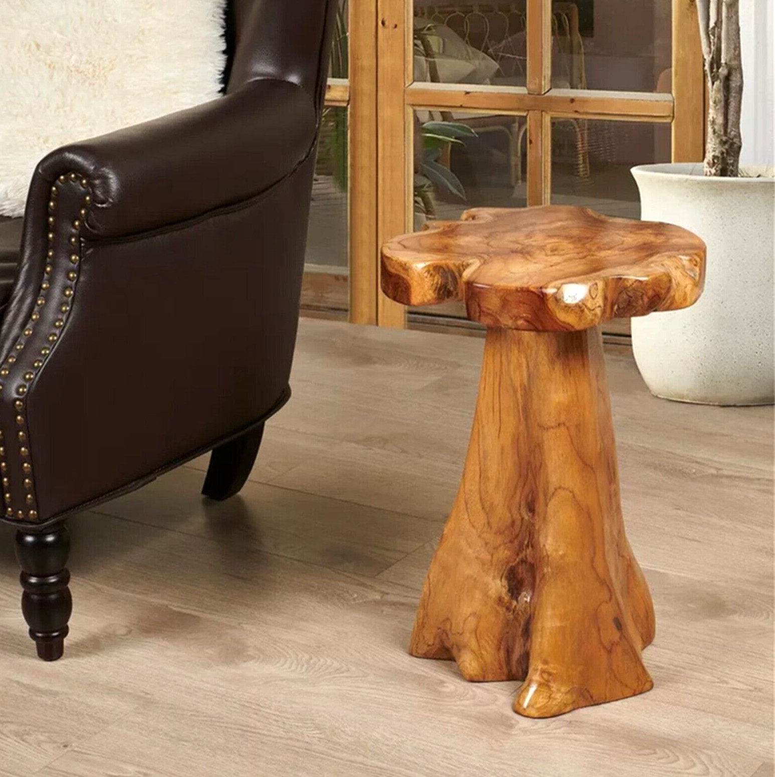 Rustic Teak Tree Stump Table – Live Edge Side Table or Stool, Natural Wood, Gift