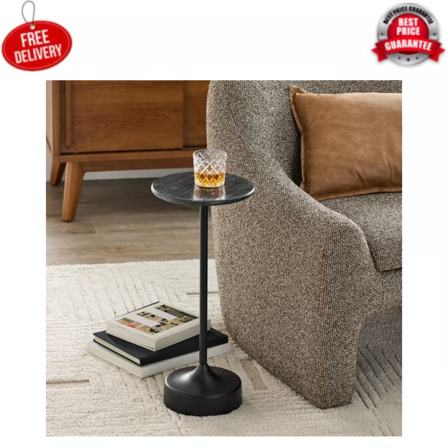 Better Homes & Gardens Aster Marble Drink Table, Black Marble