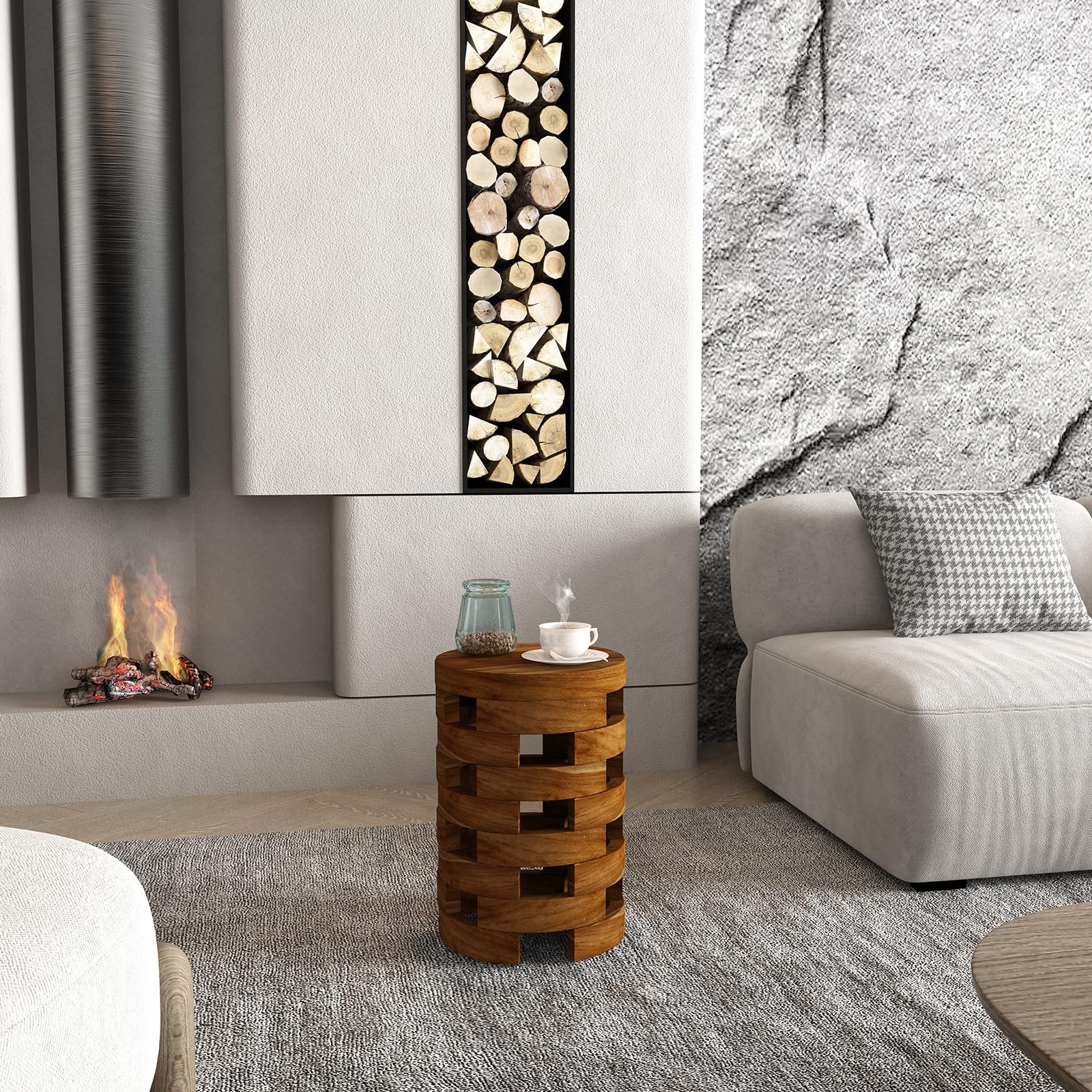 Teak Side Table for Living Room or Bedroom, Solid Wood Table Stool for Bathro…