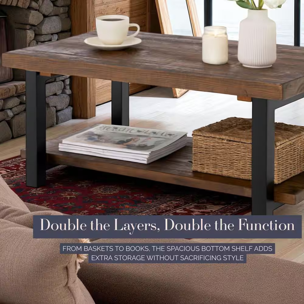 Pomona 42 In. Rustic/Natural Rectangle Wood Top Coffee Table with Shelf