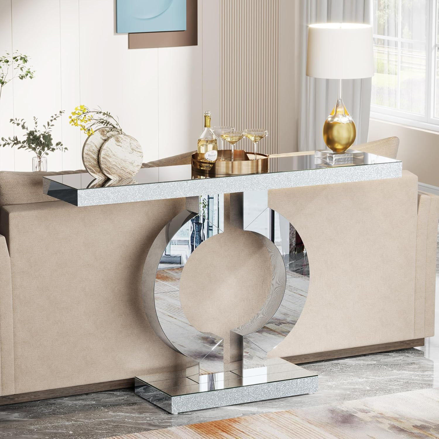 Modern Mirrored Console Table with O-Shaped Base for Living Room Entryway