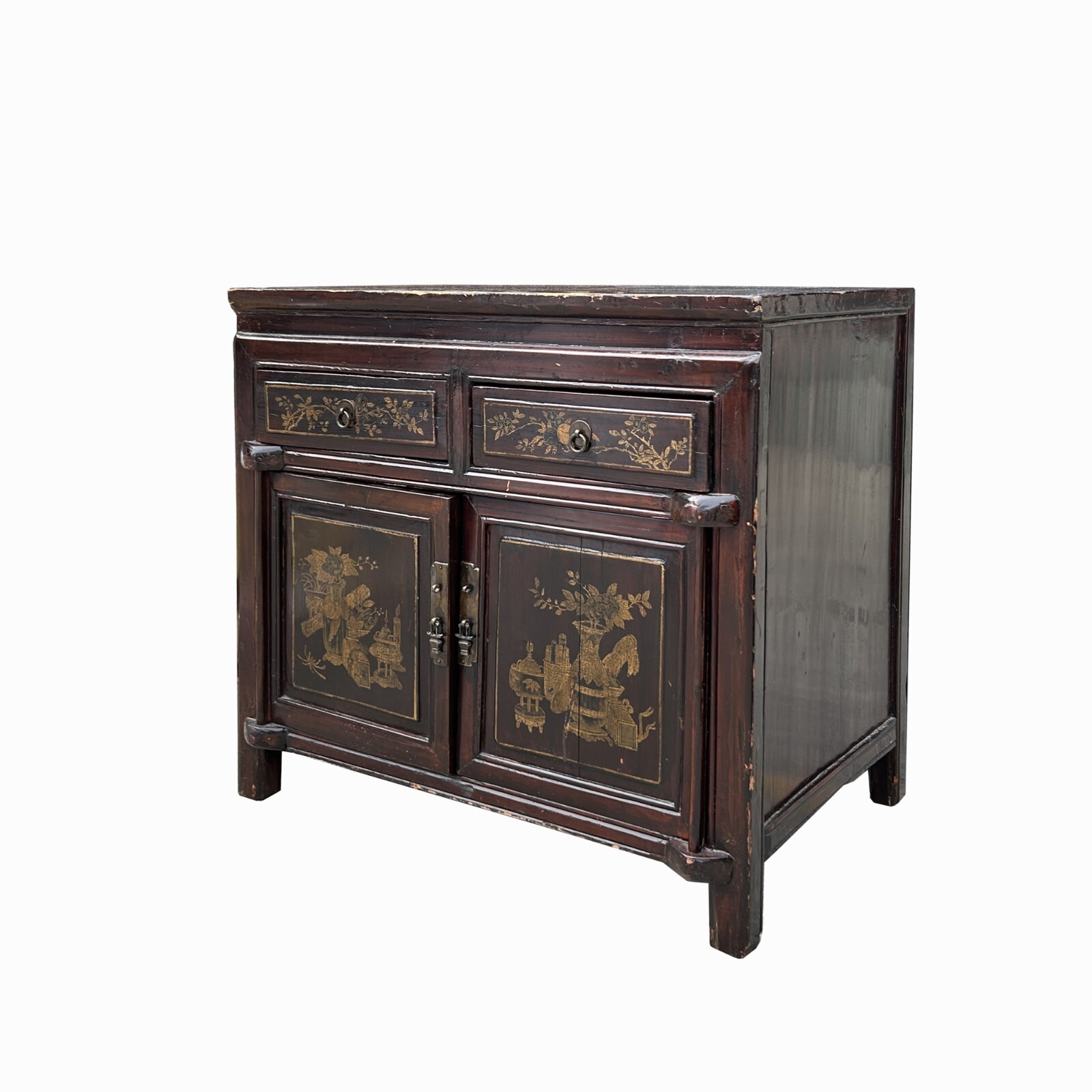Vintage Chinese Floral Graphic Brown Drawers Table Credenza Cabinet cs7779
