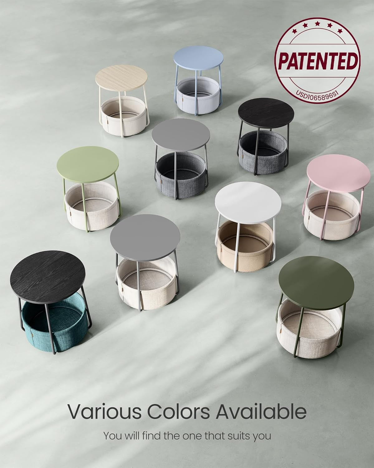 LILEA Collection – Small round Side End Table, Modern Nightstand with Fabric Bas