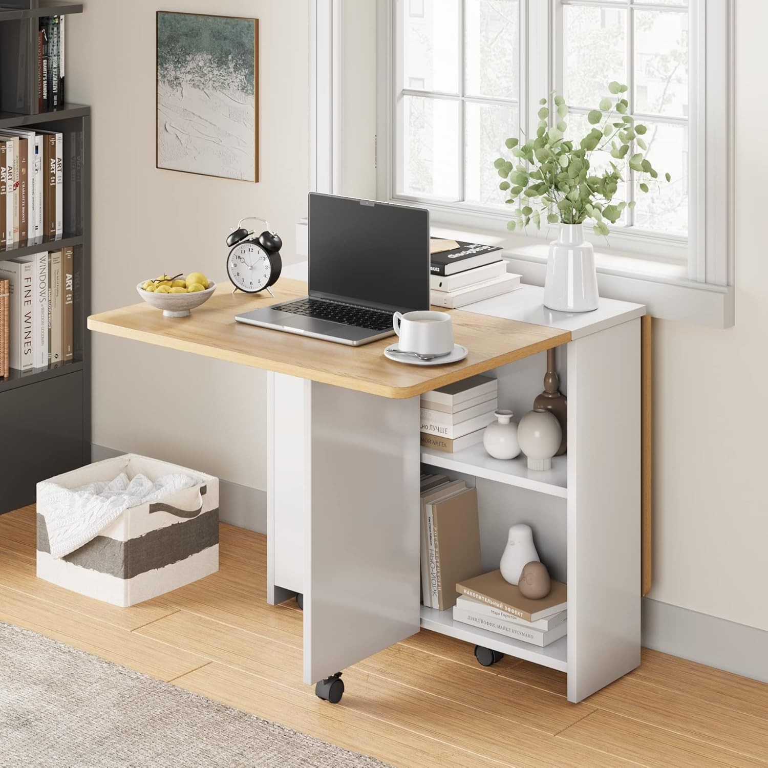 Folding Dining Table with 6 Wheels Storage Racks for Small Kitchen Saving Space