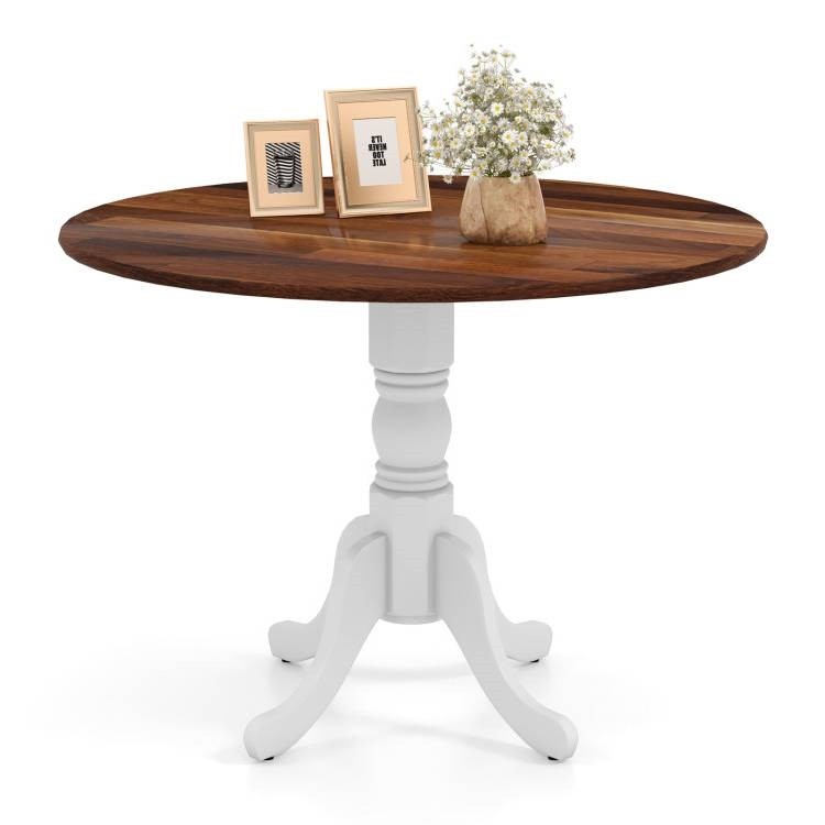 Solid Wood Round Kitchen Dining Table White Legs Brown Top 39in
