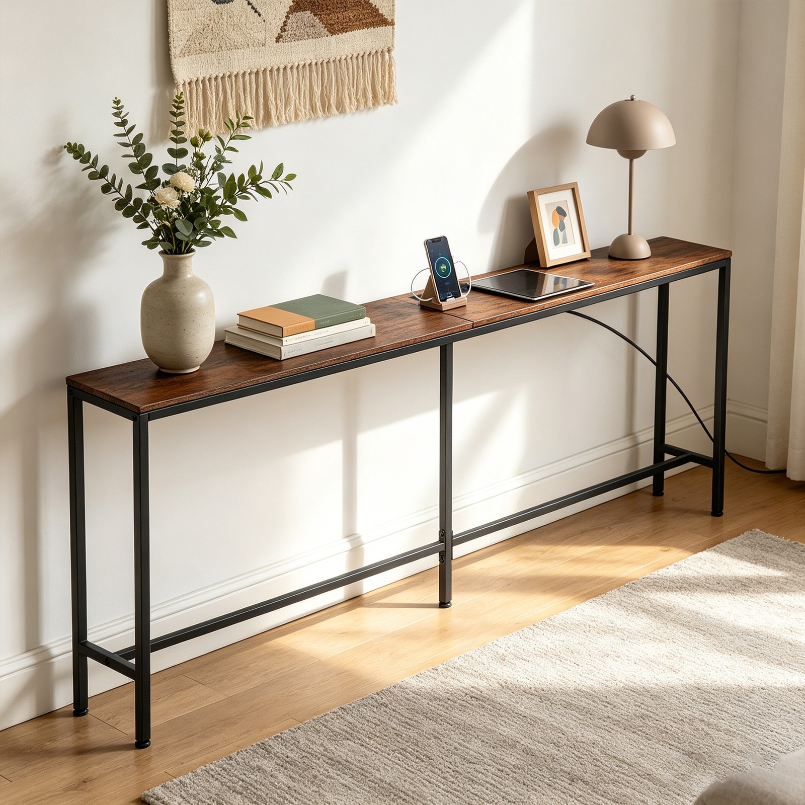 Console Table 71″ Narrow Sofa Table Industrial Entryway Table with Power Outlet