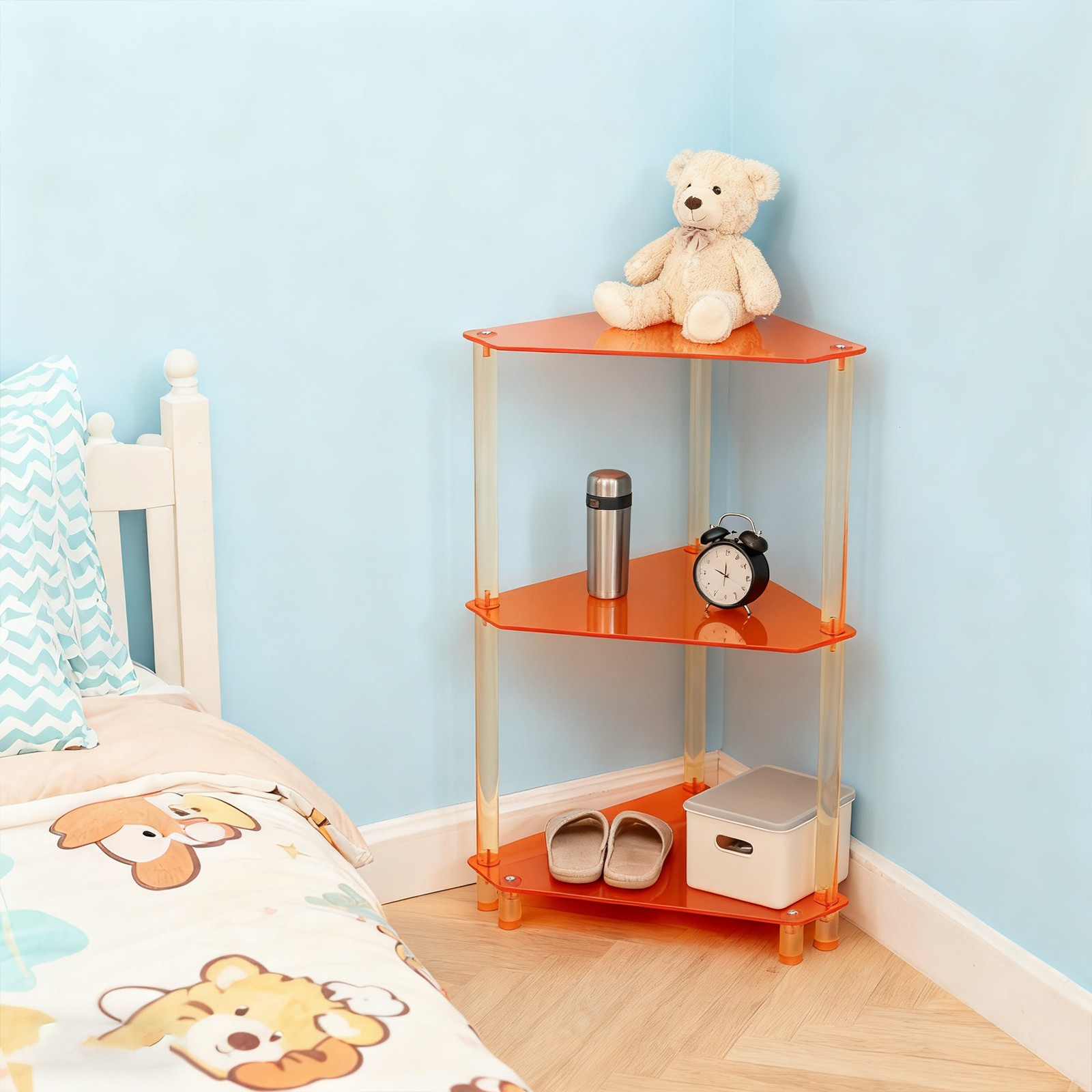 Triangle Orange End Table, 3 Tier Side Table For Living Room, Bedroom, Bathroom