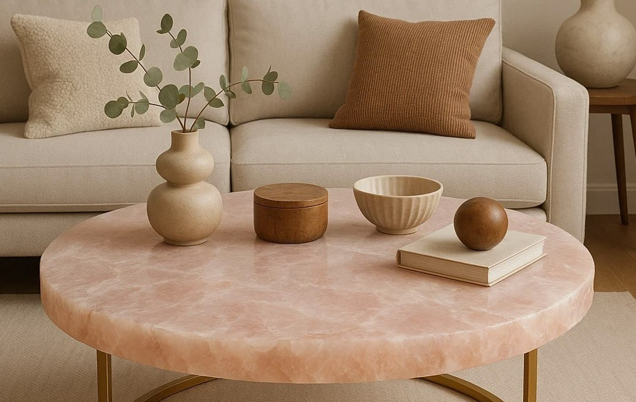 Modern Round Rose Quartz Coffee Table : Crystal Gemstone Centerpiece Furniture