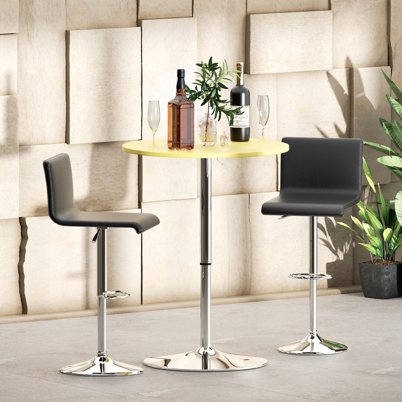 Yellow Adjustable Height Pub Bar Cocktail Table Wooden 360 Swivel Round Tabeltop