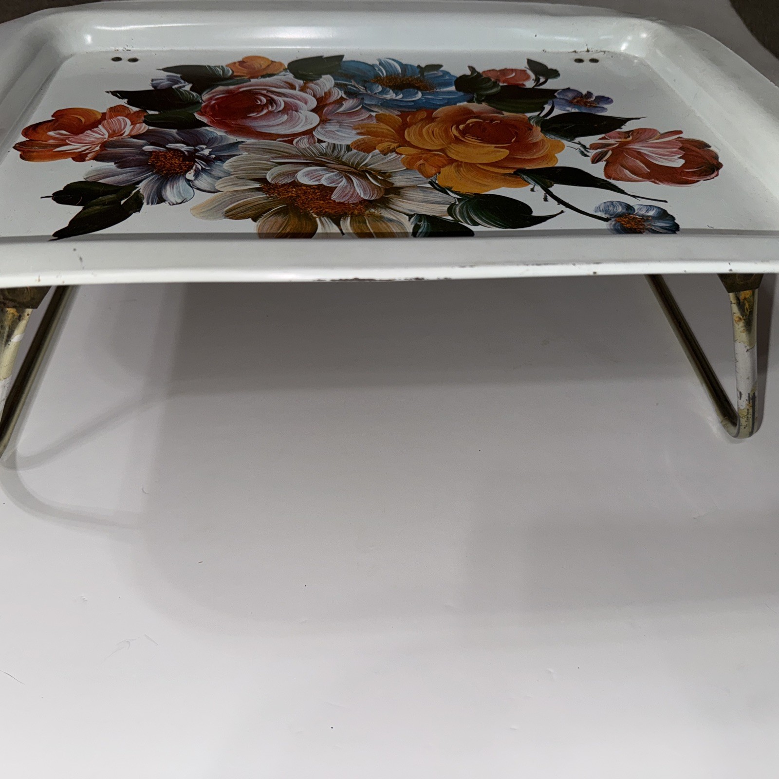 Vintage Folding Floral Metal Lap Tray TV Retro Mid Century Bed EC