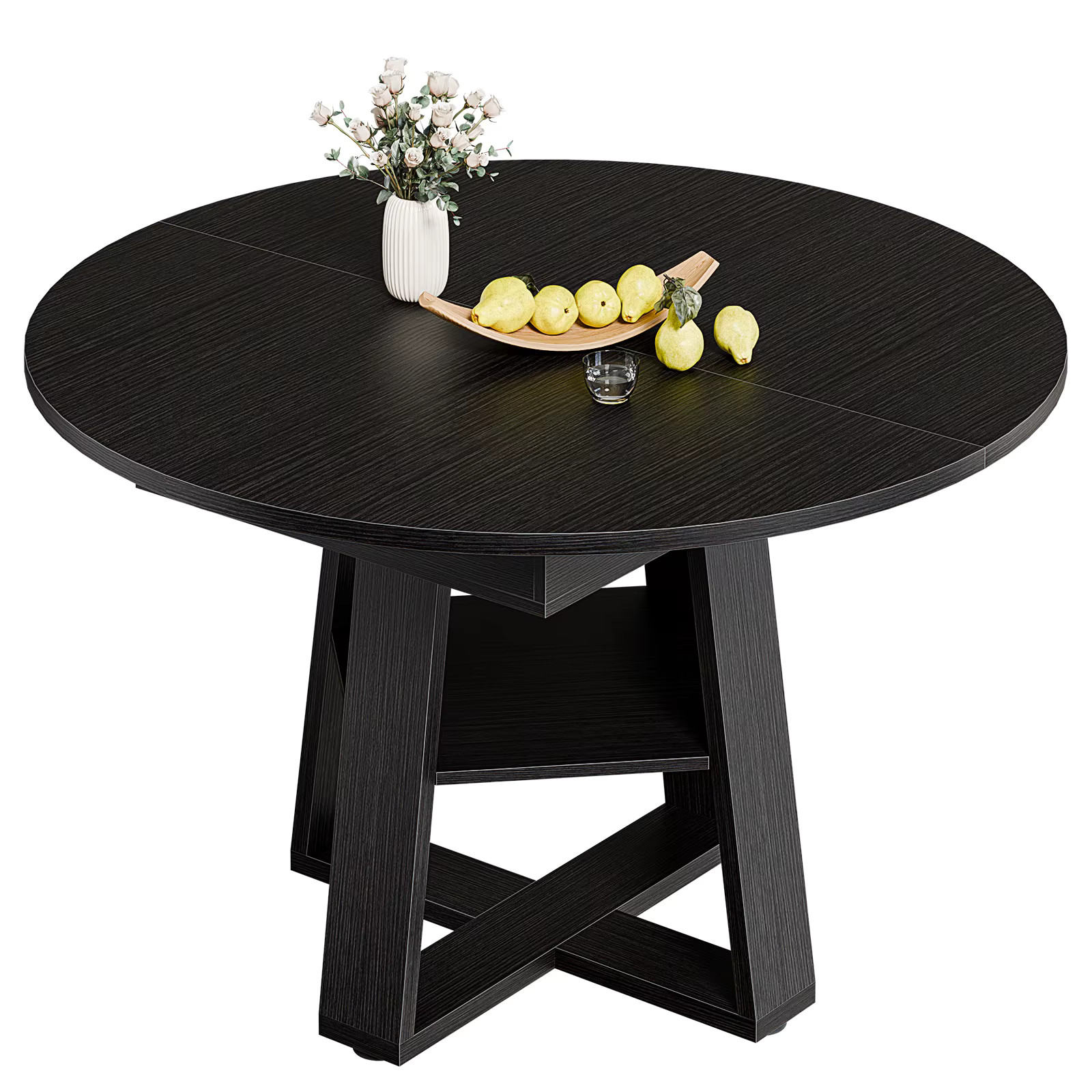 Extendable Wood Round Dining Table Oval Kitchen Storage Shelf Pedestal Base