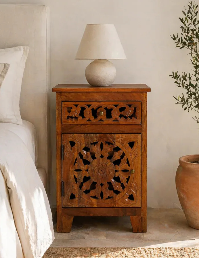 Artisan Handmade Bedside Table Solid Wood Hand Carved 17.7 × 13.8 × 25.6 inches