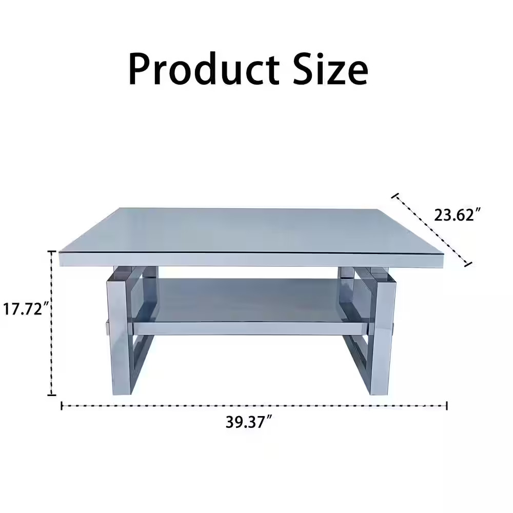 39 In. Silver Rectangle Mirror Glass Top Coffee Table with Shelf