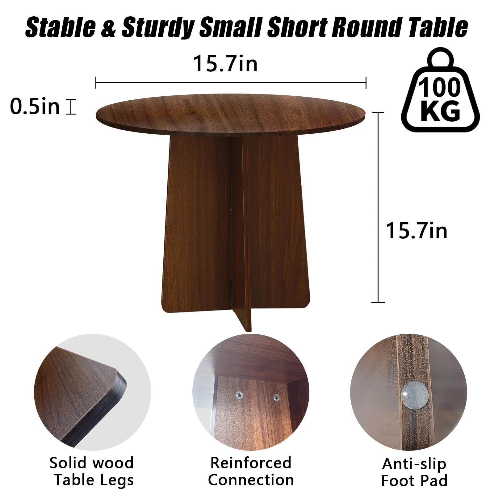 Short Small Round Coffee Table 15.7×15.7in, Side Table Walnut