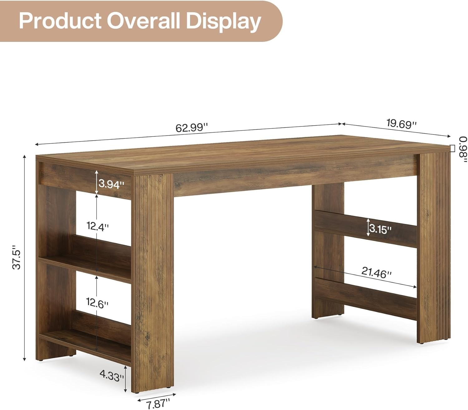 63-Inch Farmhouse Bar Table Rustic Counter Height Pub Table with Storage Shelves