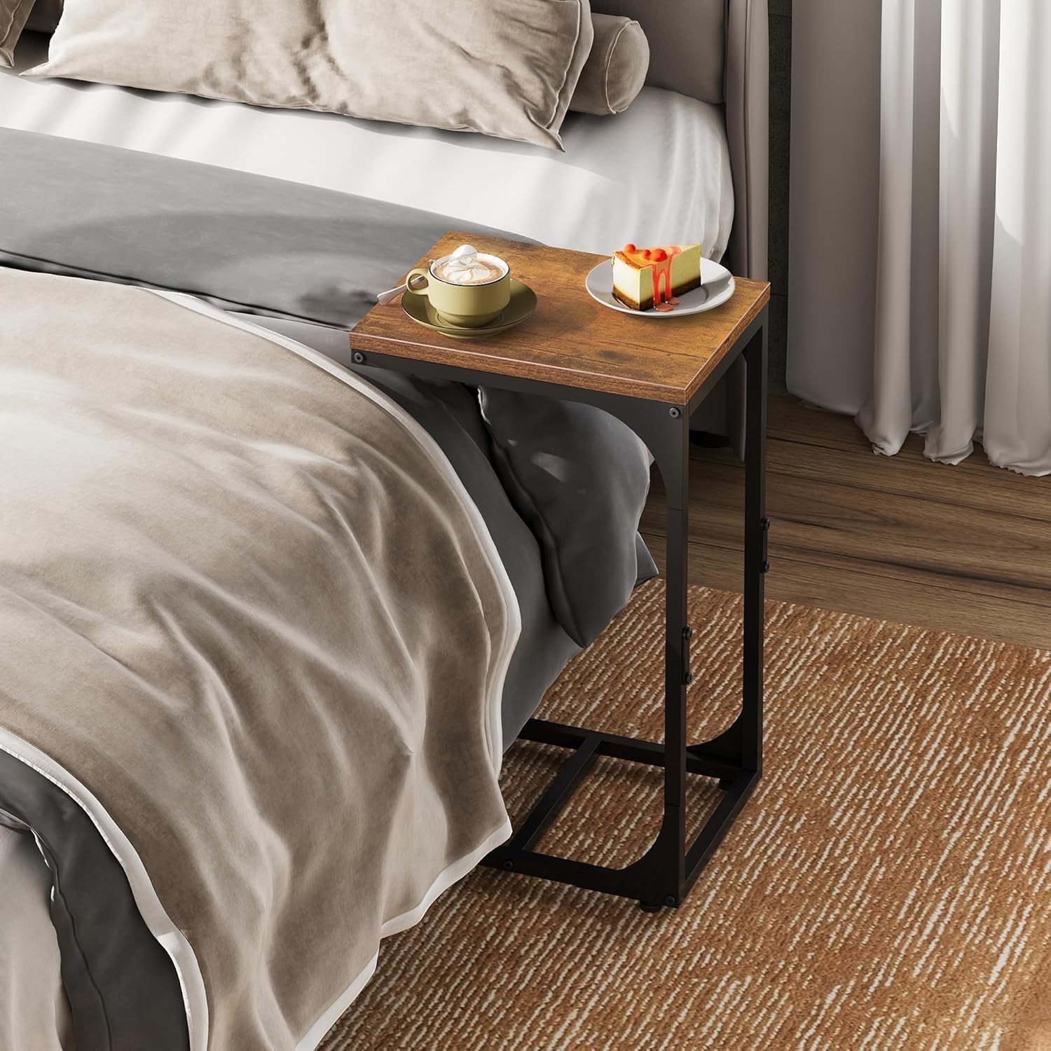C Shaped End Table in Rustic Brown – Stylish Sofa Side Table for Any Room