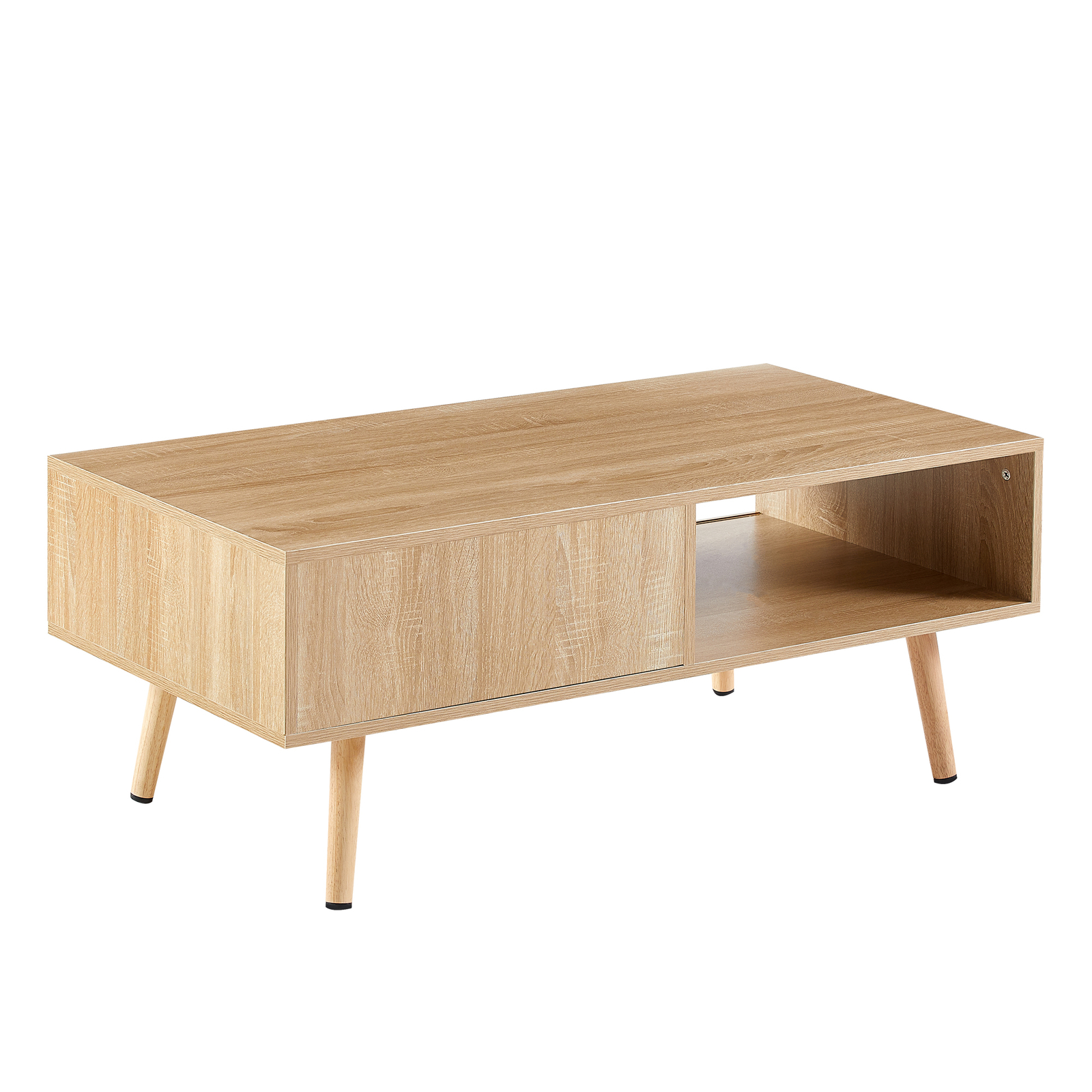 Rattan Coffee Table with Storage Cabinet and Open Shelf Wood Center Table