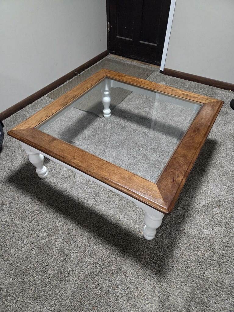 Square Glass Top Coffee Table Medium Wood Frame White Legs Living Room Indoor