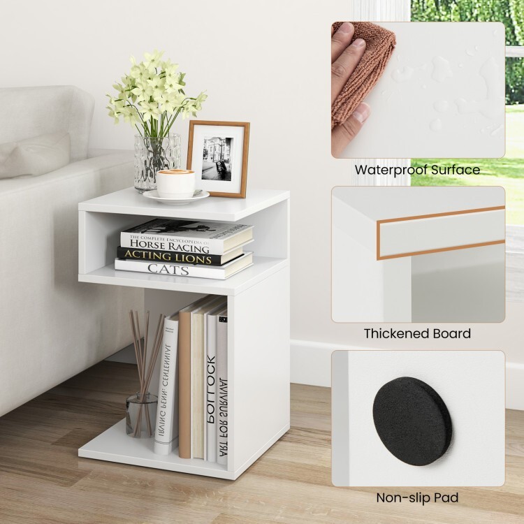 S-Shaped Modern Nightstand End Side Table w/Unique S-shaped & 2Open Compartments