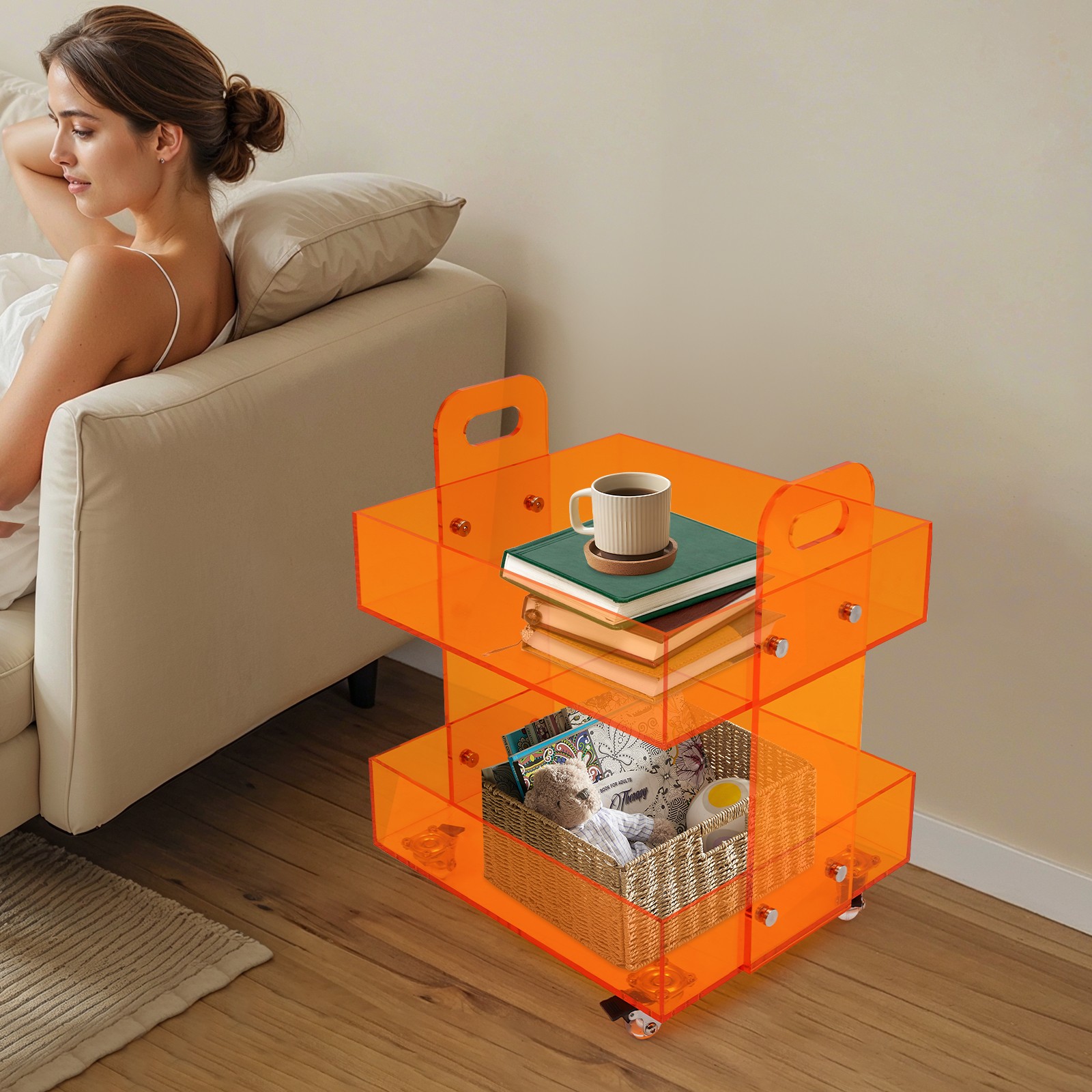 Acrylic Side Table Storage Rack with Wheels Acrylic Bedside Table Free Standing