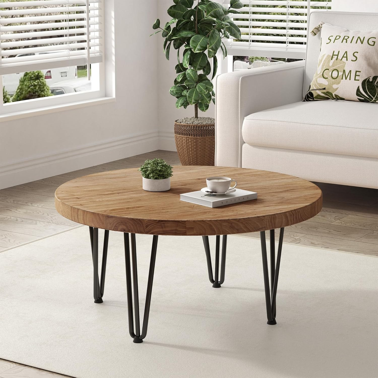 Rustic Round Coffee Table with Metal Legs – Solid Elm Wood, Farmhouse Style