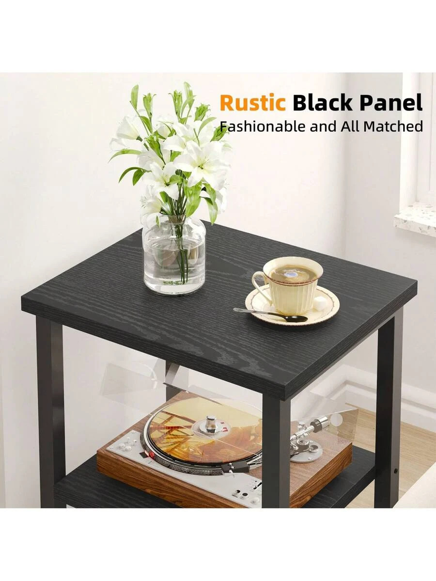 Modern 3-Tier Rectangular Side Table Black Wood Grain Living Room