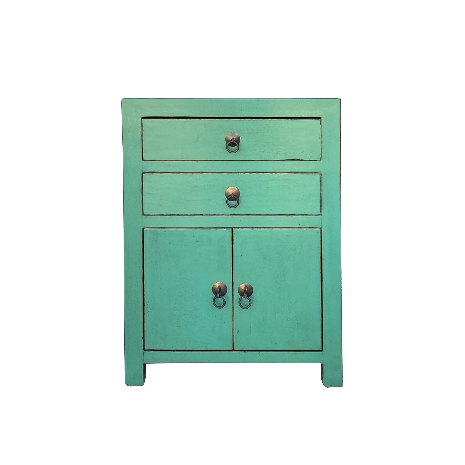 Chinese Distressed Turquoise Green 2 Drawers End Table Nightstand cs7420