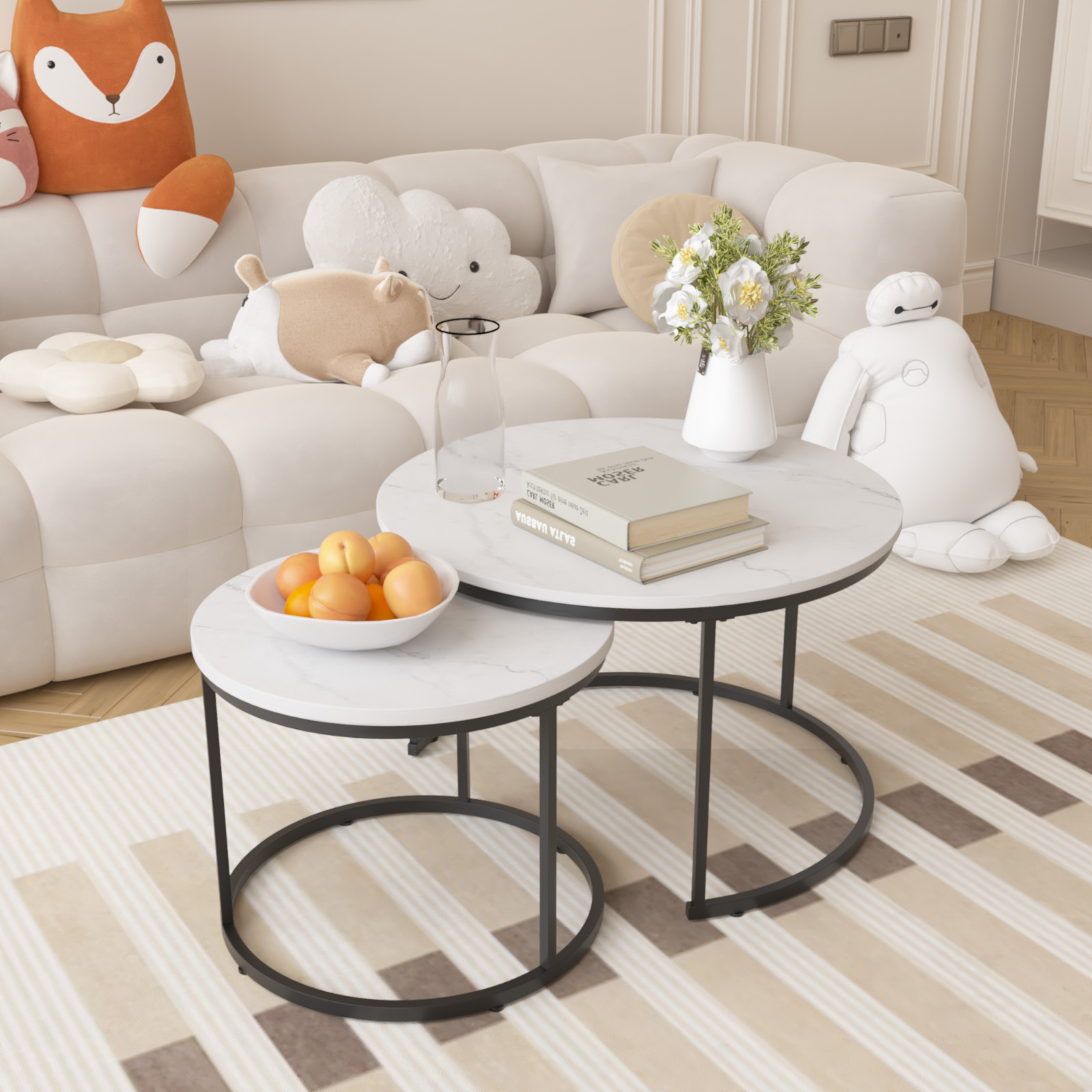 Nesting Coffee Table Set 2PCS Round Side Table Wood Marble Top Living Room Metal