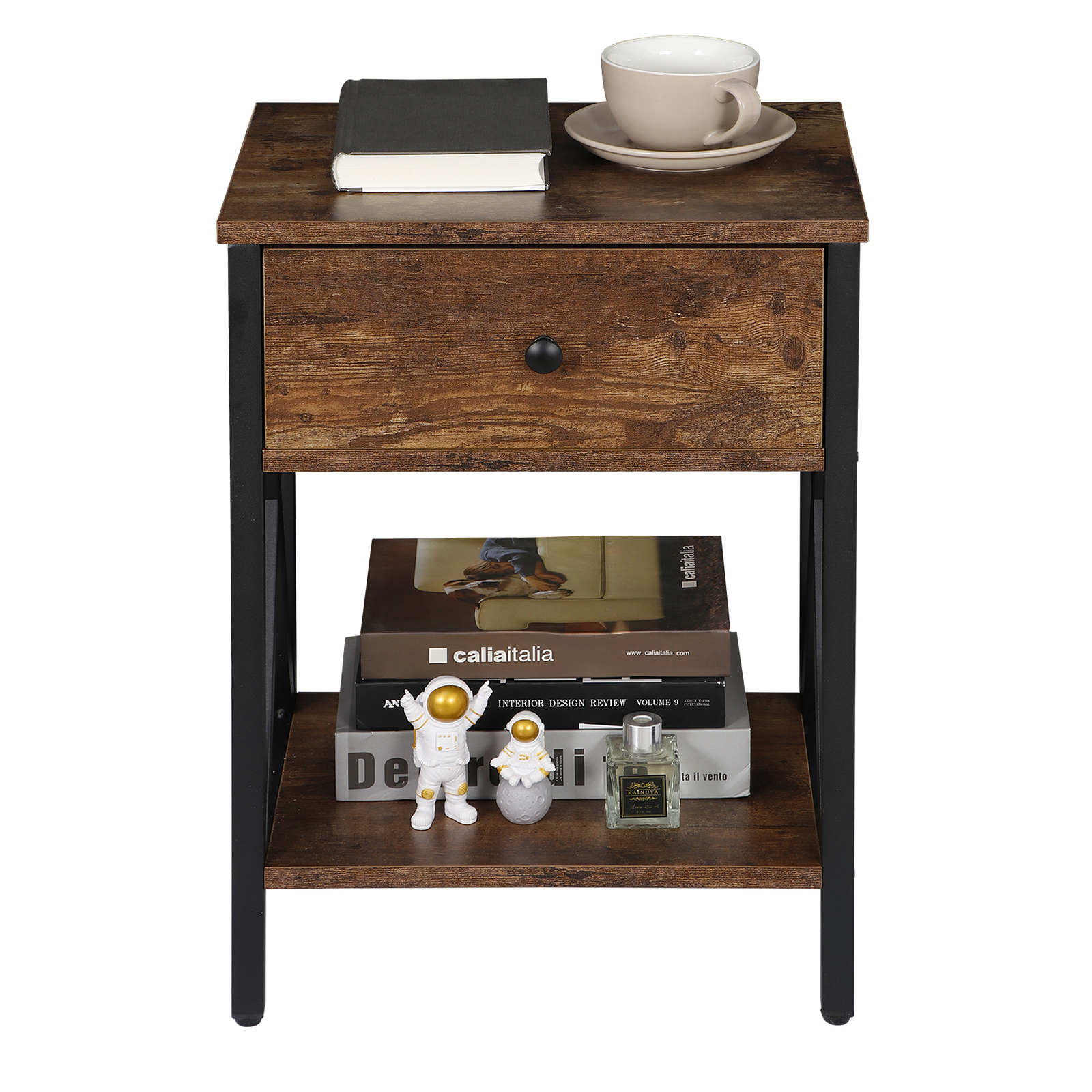 Set of 2 End Tables X-Design Legs Side Sofa Table Storage Shelf W/Drawer Brown