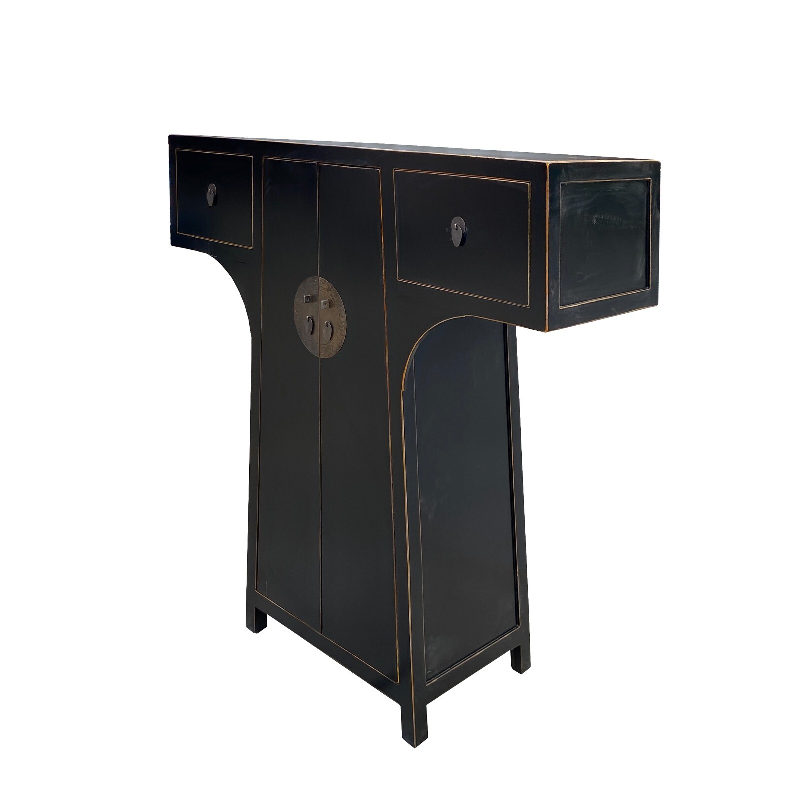 Chinese Moon Face T-Shape Black Lacquer Drawers Side Table Cabinet cs7478