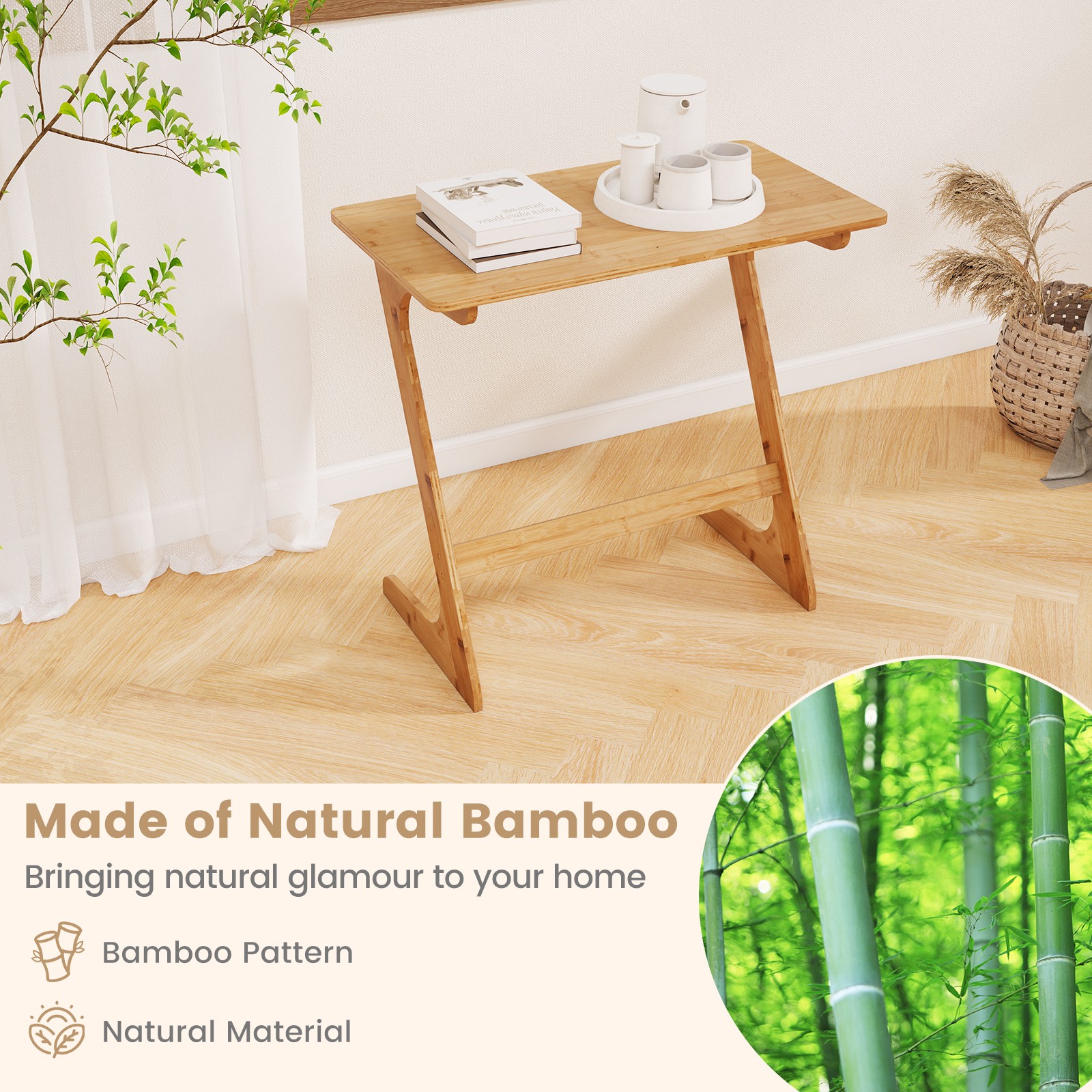 Bamboo Sofa Side Table Z-Shaped Spacious Tabletop Space-Saving TV Snack Tray