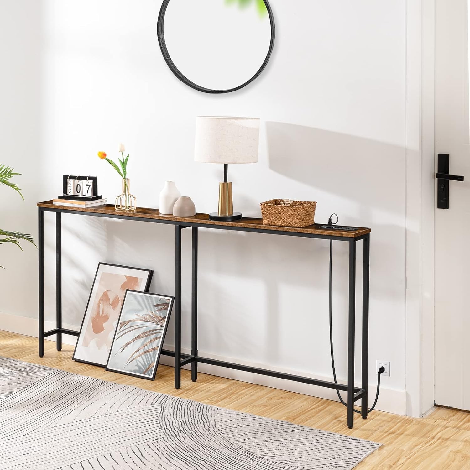HOOBRO Skinny Console Table w/Charging Station Sofa Table Behind Couch Table