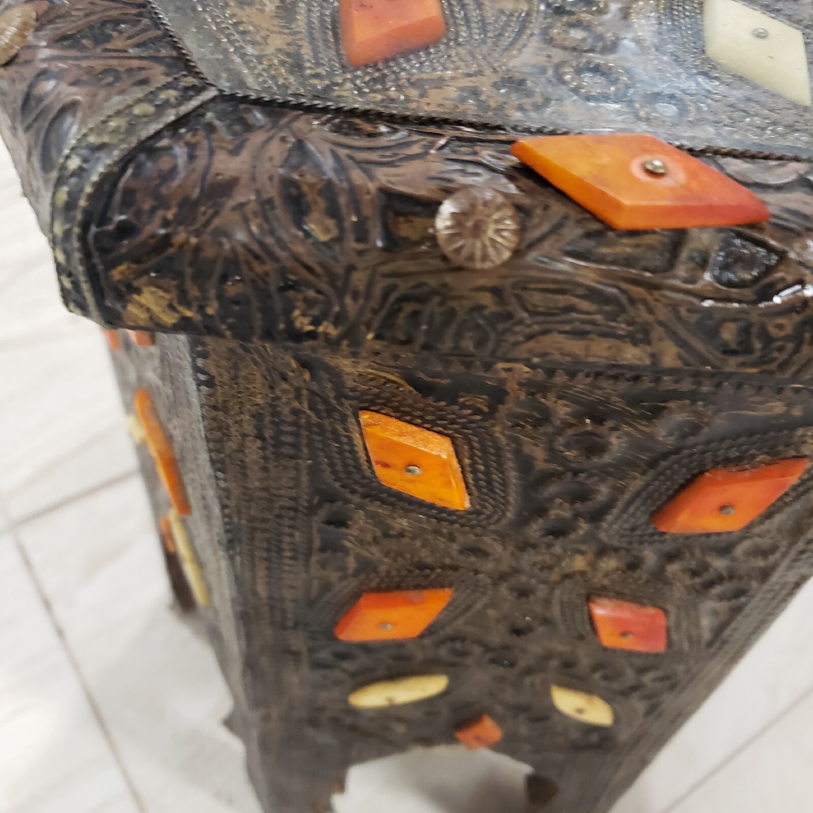 Unique Moroccan Side Table, Handmade Brass, and Inlaid Camel Bones