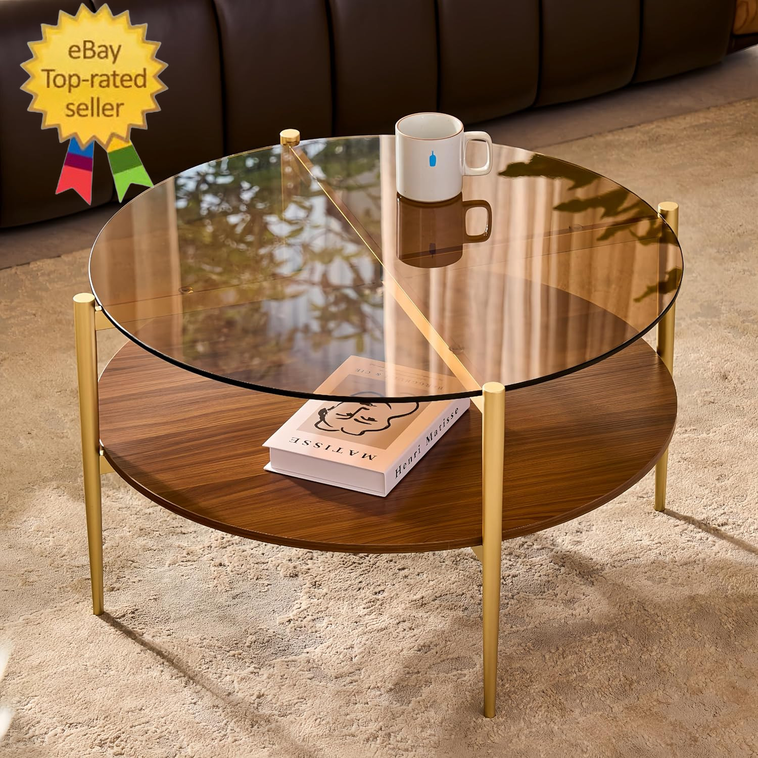 round Glass Coffee Table, Mid-Century Modern Design, D30 X H17 In, 2-Tier Struct