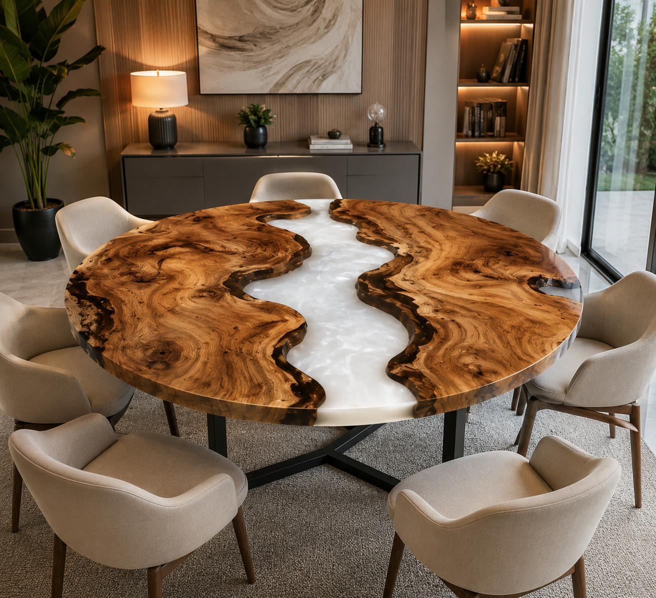 White Epoxy Resin Corner Tabletop Live Edge Wood Luxury Custom Furniture Decor