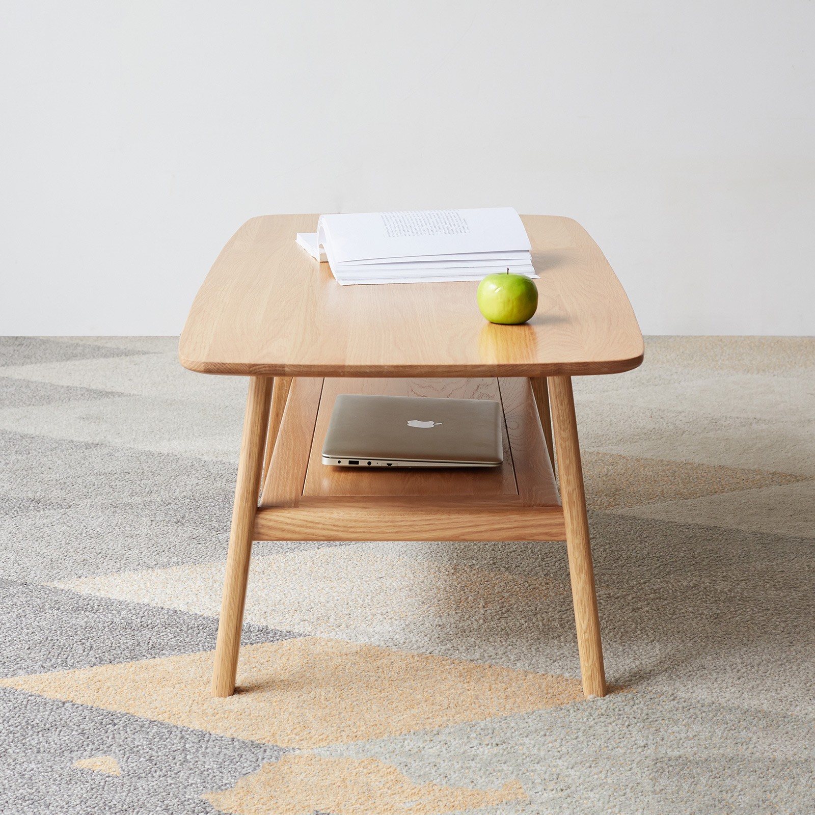 Solid Wood Coffee Table 2-Tier Coffee Table With Storage Shelf Natural Color