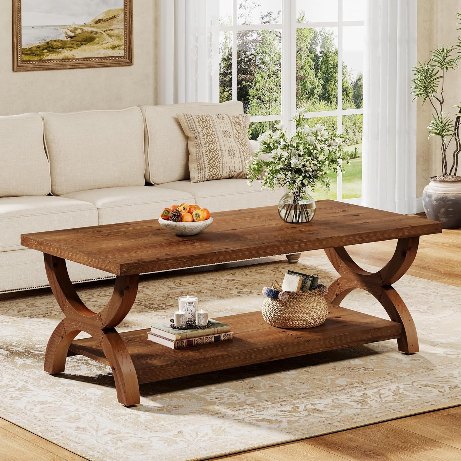 47-Inch Solid Wood Coffee Table Rectangular Accent Center Table for Living Room