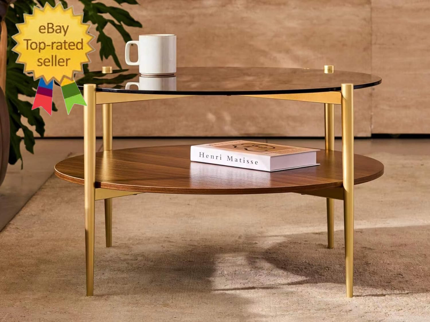 round Glass Coffee Table, Mid-Century Modern Design, D30 X H17 In, 2-Tier Struct