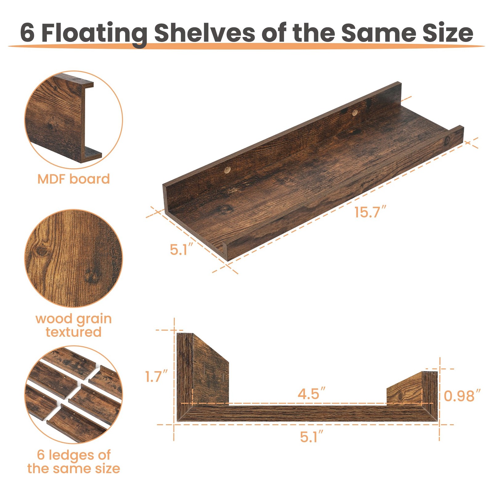upsimples Floating Shelves for Wall, Wall Decor 15.7in, Brown