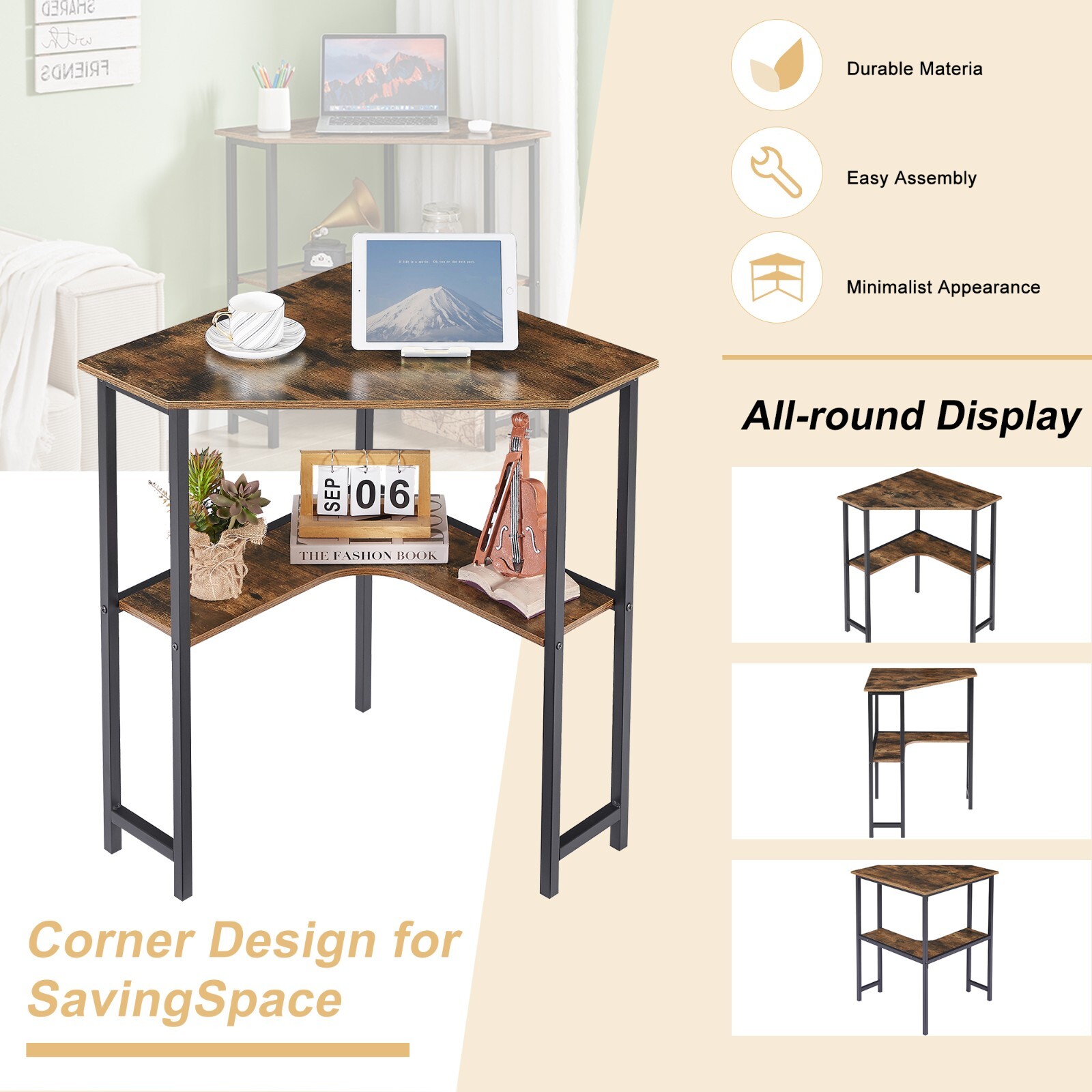 Corner Computer Desk with Storage Shelves Triangle Writing End Table Small Space