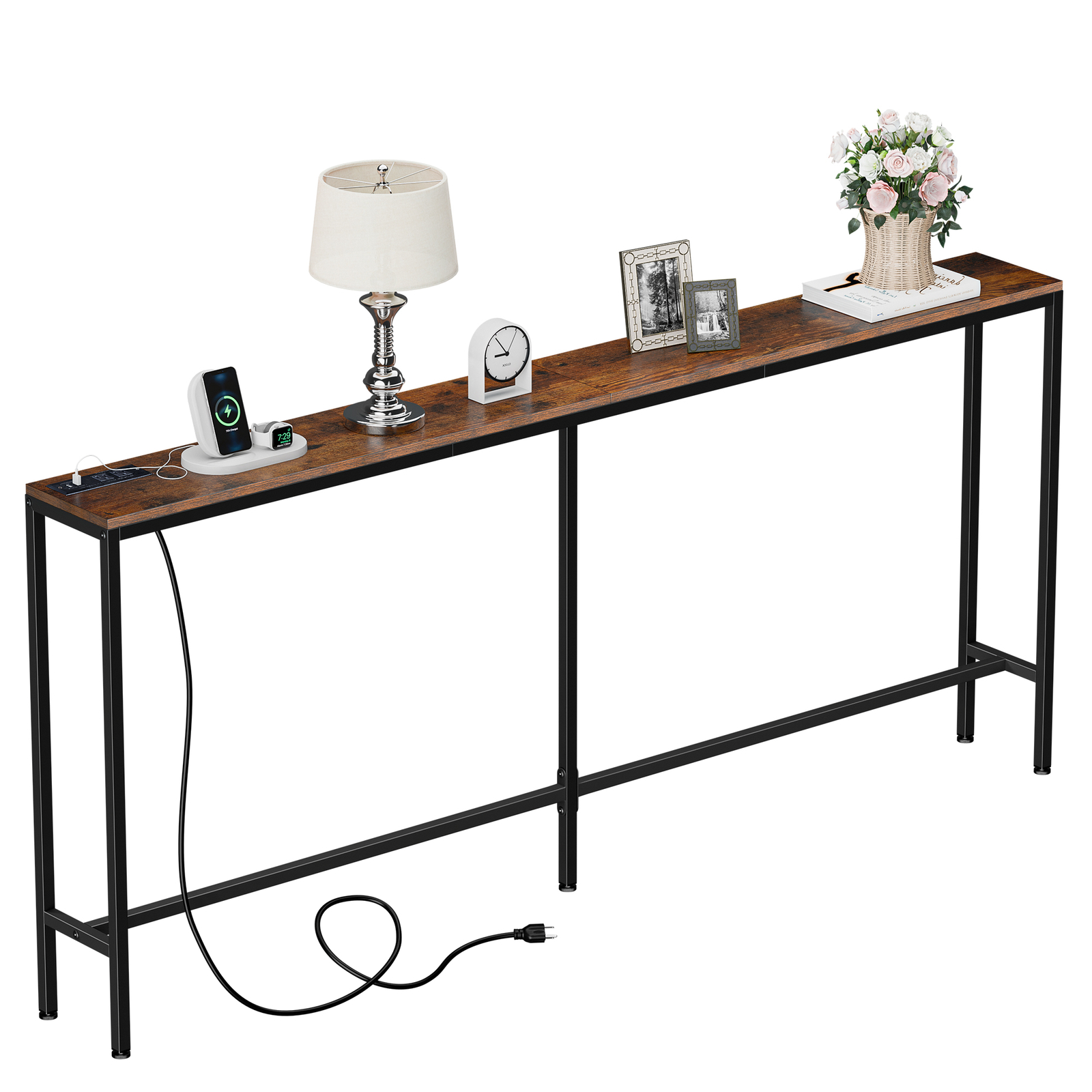 70.8″ Narrow Console Table w/ Power Outlet Behind Couch Sofa Table Rustic Brown
