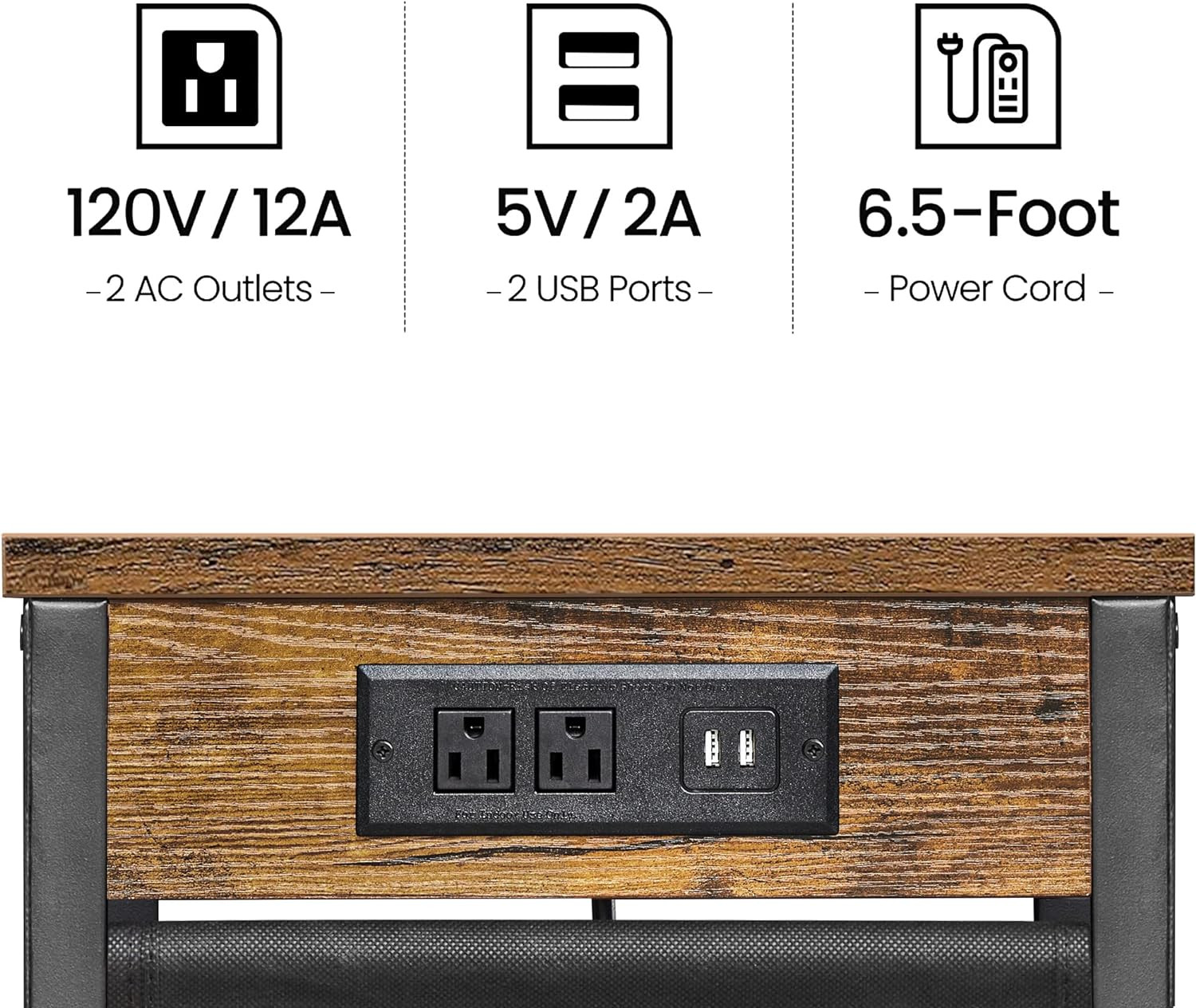 Brown C-Shaped End Table with Charging Station, 2 USB Ports and Storage for Home