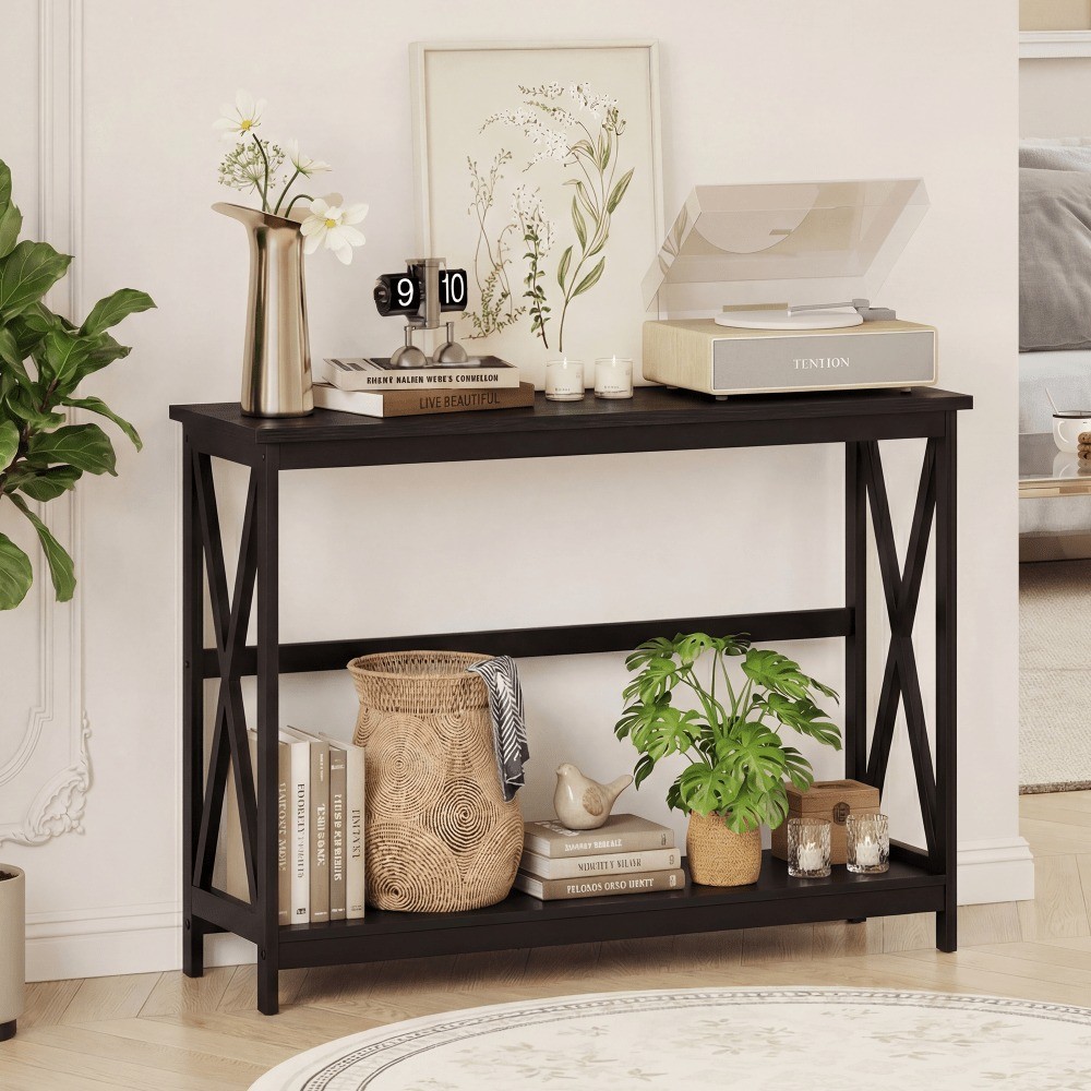 40 Inch 2 Tier Console Table With Metal X Frame Wood Entryway Table 200 Lbs Capa