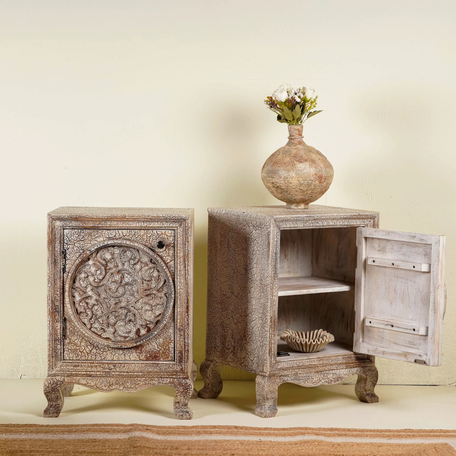 Artisan Handmade Bedside Table Solid Wood Hand Carved 17.7 × 13.8 × 27.6 inches