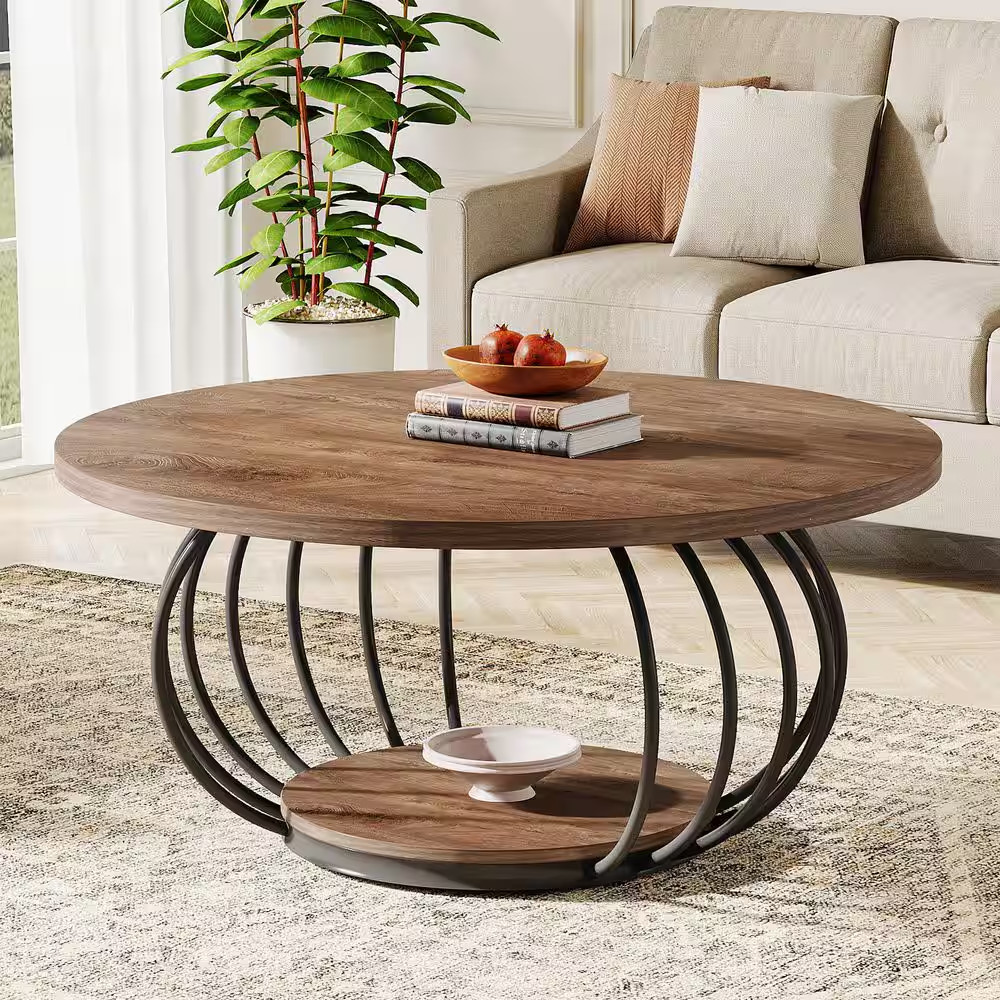 Kerlin 39 In. Brown round Wood Coffee Table with Storage Shelf & Metal Frame, 2-