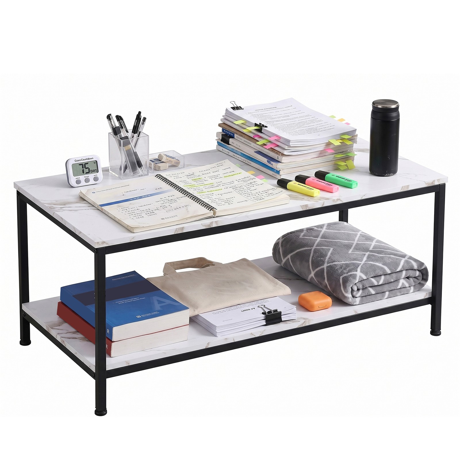 39″ Rectangular Coffee Table Industrial Wood Center Table w/ Storage Shelf White