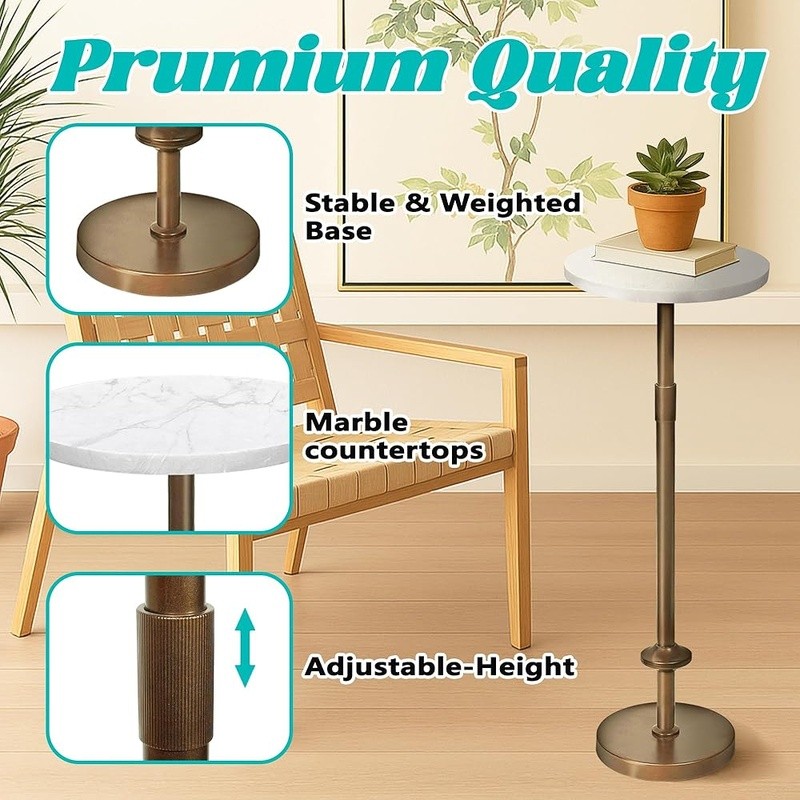 10in Round Marble Accent Table Adjustable Height Pedestal Drinks & Decor New