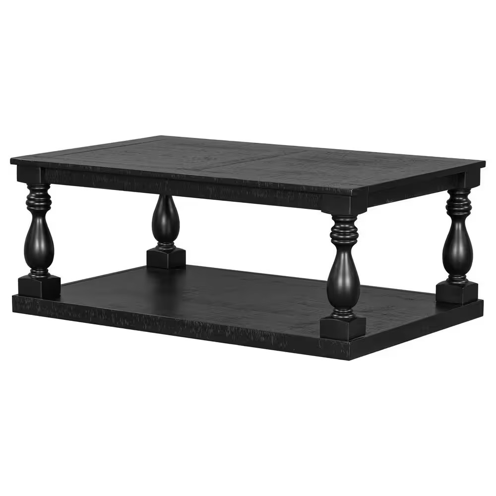 Rustic 43.5 In. Black Rectangle Solid Wood Coffee Table with Storage Shelf, Arti