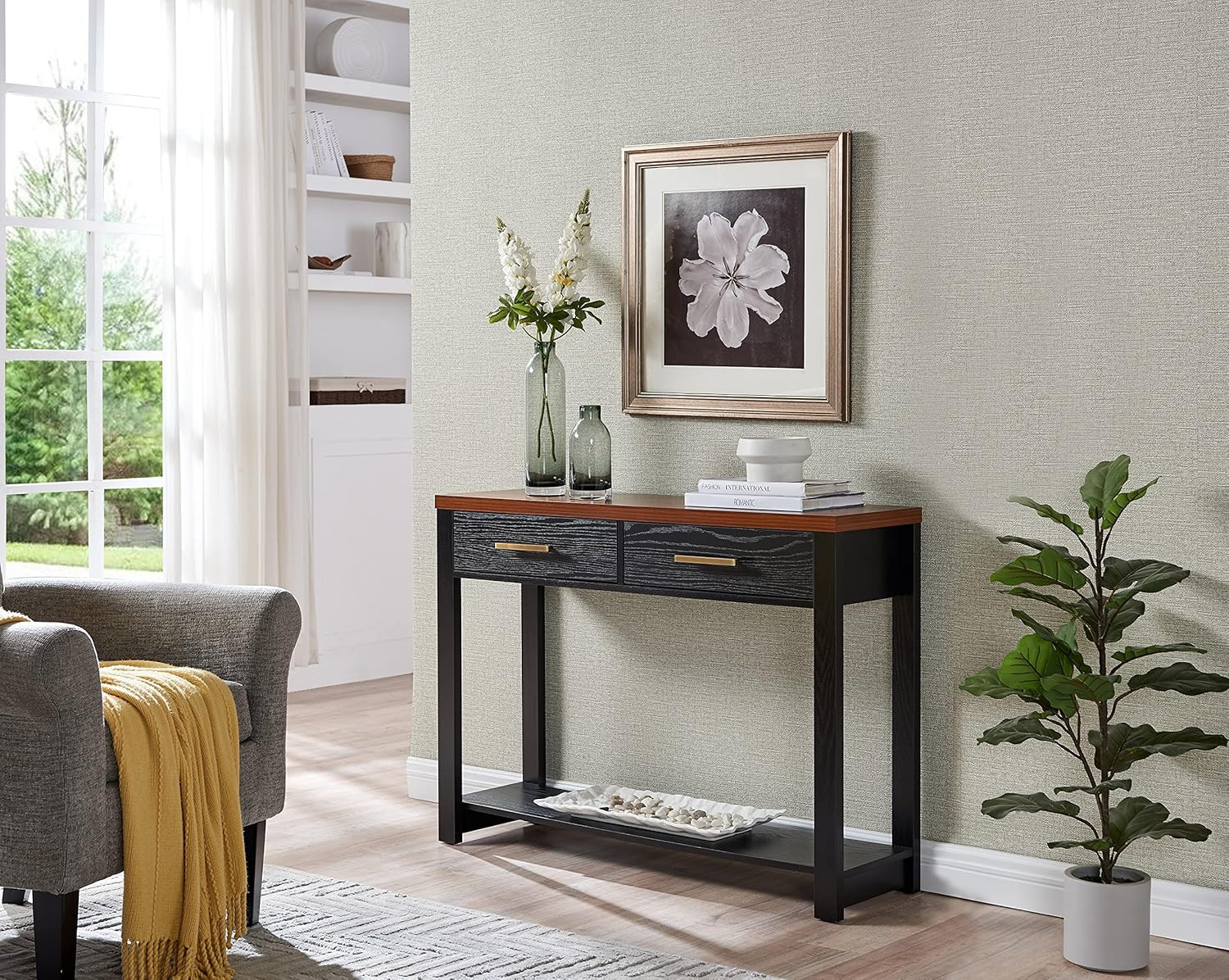 Modern Black Wood Console Table with 2 Drawers & Open Shelf for Any Room