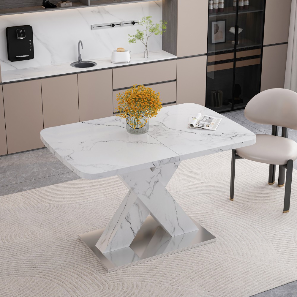 Modern Extending Rectangle Dining Table, Printed White Marble Top, MDF X-Legs